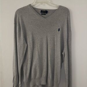 Polo Ralph Lauren V Neck Sweater Size L Grey with Navy Horse